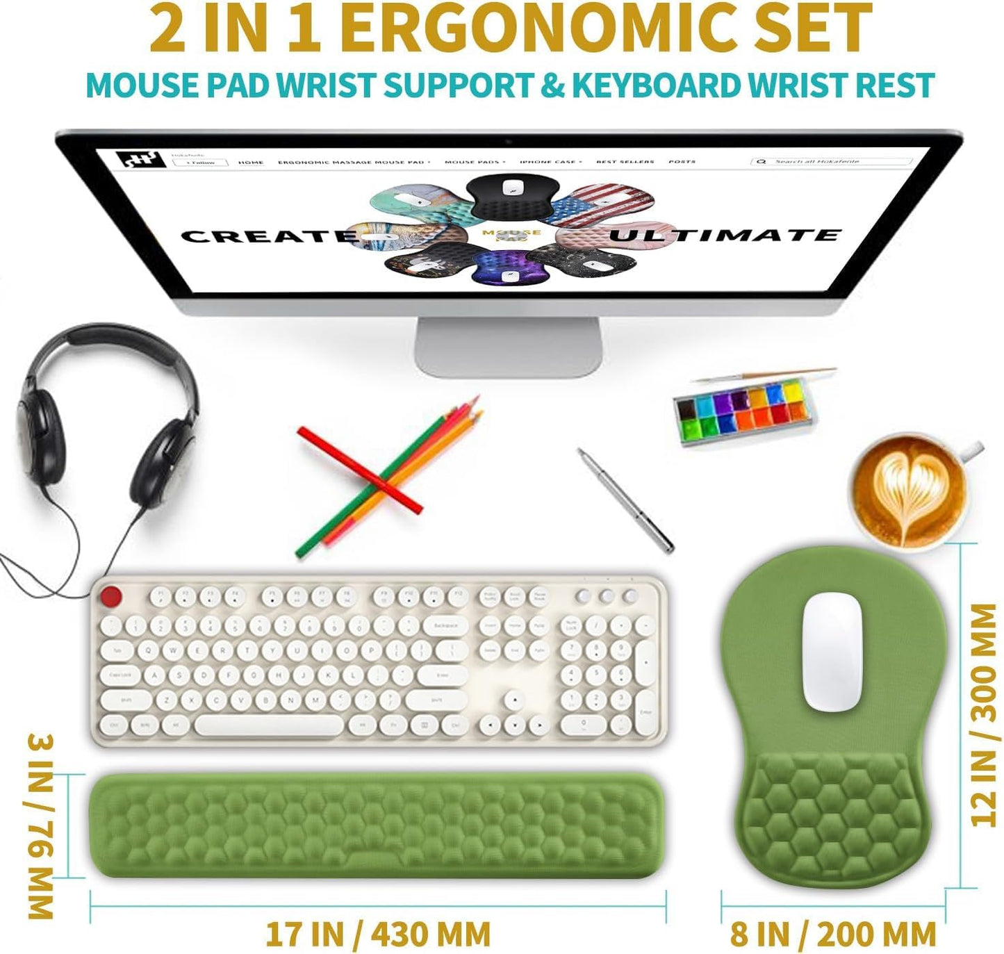 Hokafenle 2 in 1 Ergonomic Mouse Pad Wrist Support & Wrist Rest for Computer Keyboard Set, with Relieve Carpal Tunnel Pain Massage Bulge and Full Memory Gel Design (2In1 Set, Light Green)