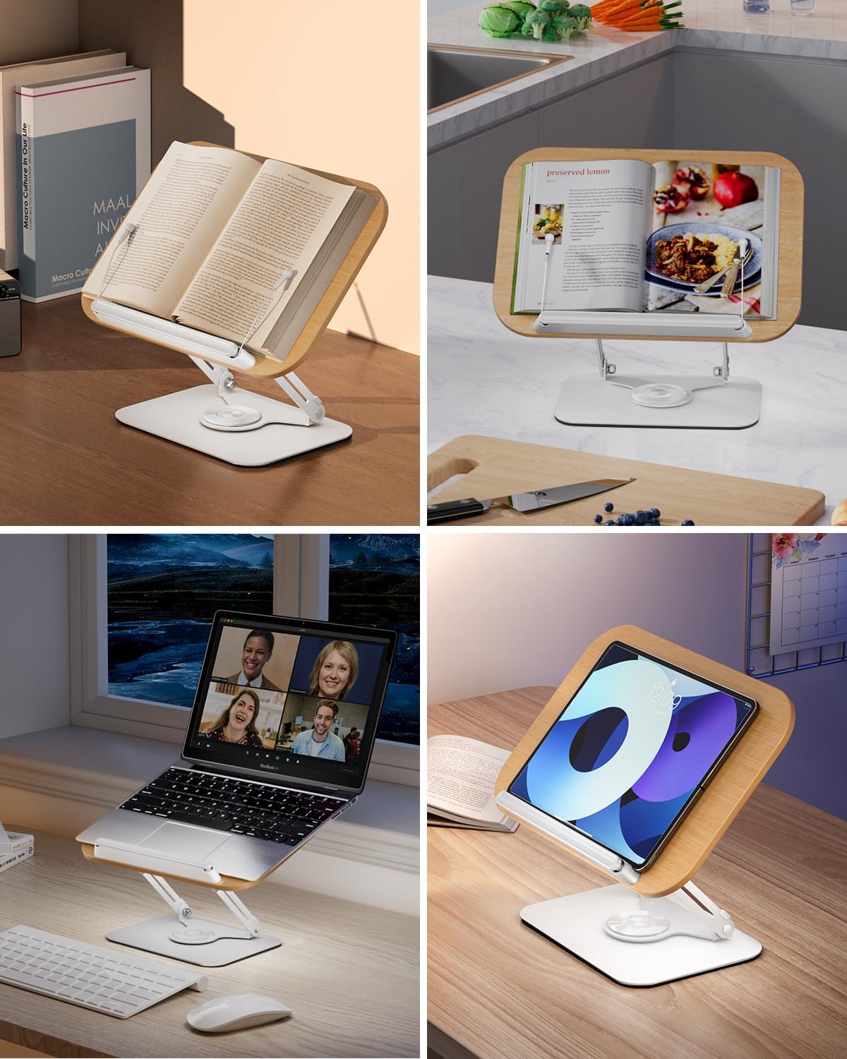 Viozon Book Stand for Reading,Book Holder, Height&Angle Adjustable, 360° Rotating Base, Foldable and Portable, Lightweight for Office, Kitchen, School Textbook, Recipe, Magazine,Kindle,Tablet DW