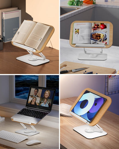 Viozon Book Stand for Reading,Book Holder, Height&Angle Adjustable, 360° Rotating Base, Foldable and Portable, Lightweight for Office, Kitchen, School Textbook, Recipe, Magazine,Kindle,Tablet DW