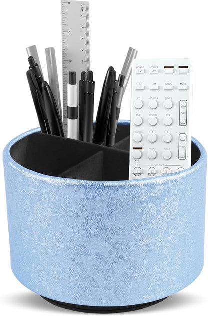 lizimandu Round Leather Art Supply Organizer,Remote Control Holder,360 Degree Spinning,Multi-Functional Pencil Holder,4 Compartments Desktop Stationary Organizer(1-Gold) - Colors A