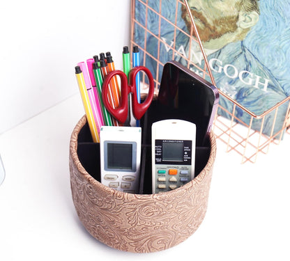 lizimandu Round Leather Art Supply Organizer,Remote Control Holder,360 Degree Spinning,Multi-Functional Pencil Holder,4 Compartments Desktop Stationary Organizer(1-Gold) - Colors B