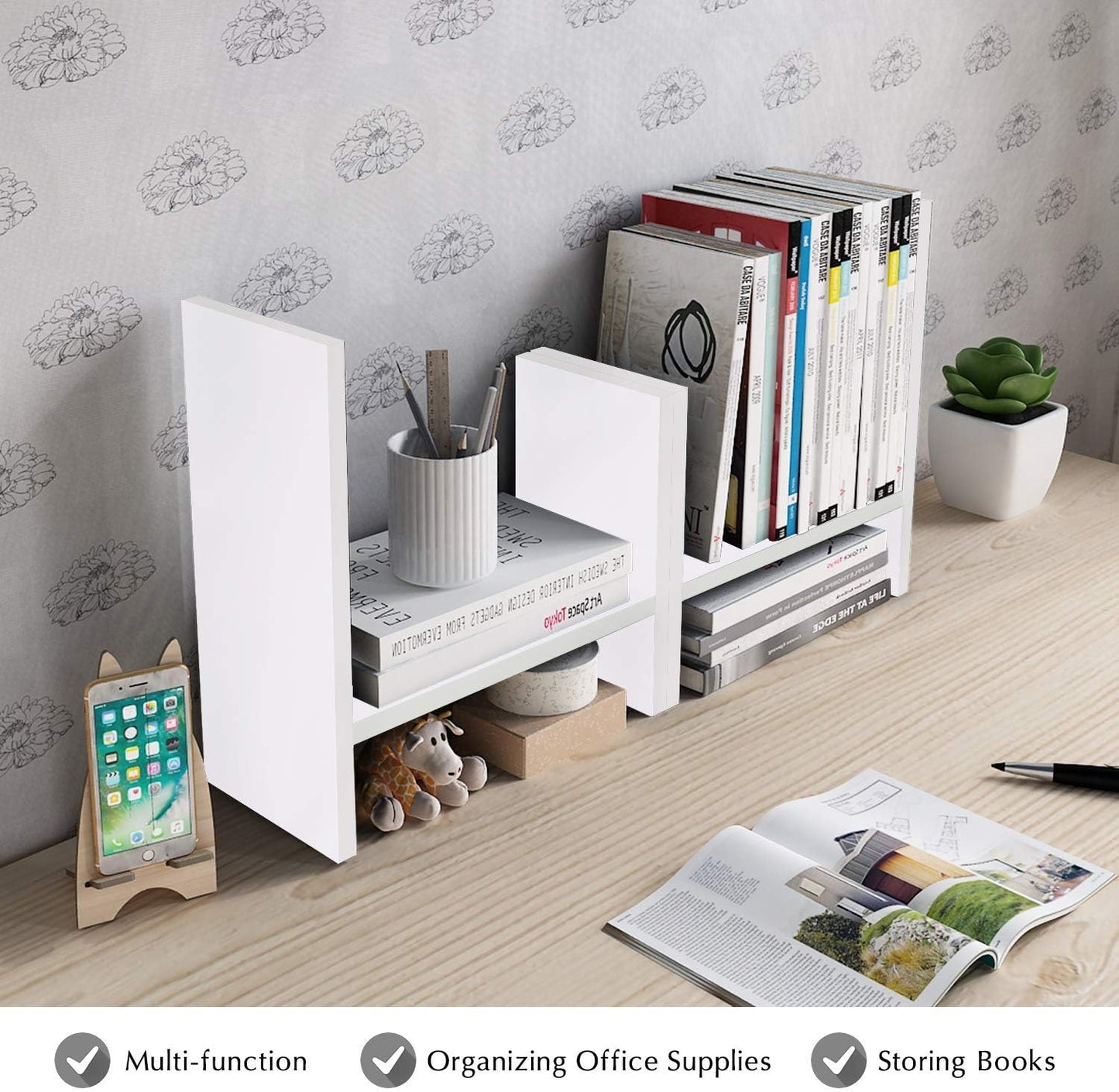 Jerry & Maggie Desktop Organizer Office Storage Rack Adjustable Wood Display Shelf Free Style Double H, Multi-Functional Mini Bookshelf for Desk Natural Stand (Natural Wood Tone)