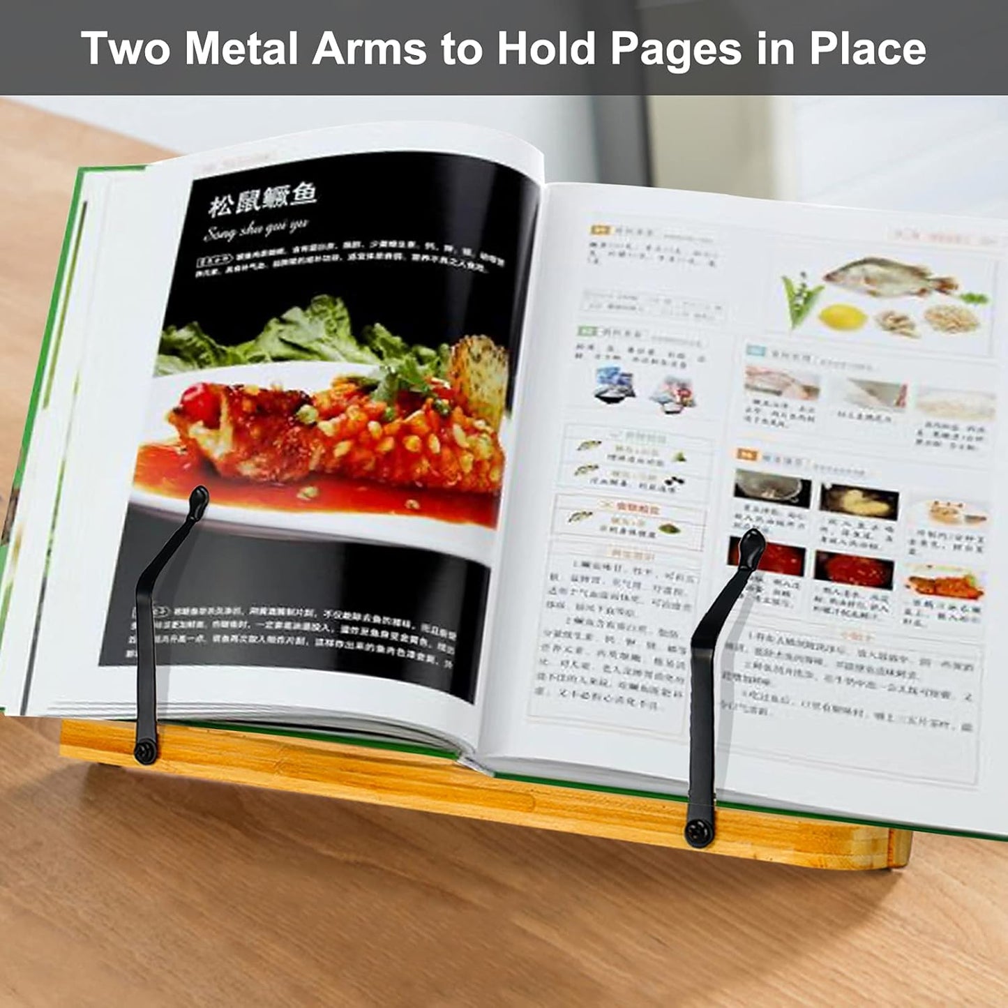 MEGREZ Bamboo Book Stand 11 x 8.0 inch, Foldable Cookbook Holder with 6 Adjustable Height, Reading Book Holder for Recipe, Music Book, Textbook, Tablet Stand, Rose