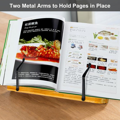 MEGREZ Bamboo Book Stand 11 x 8.0 inch, Foldable Cookbook Holder with 6 Adjustable Height, Reading Book Holder for Recipe, Music Book, Textbook, Tablet Stand, Rose