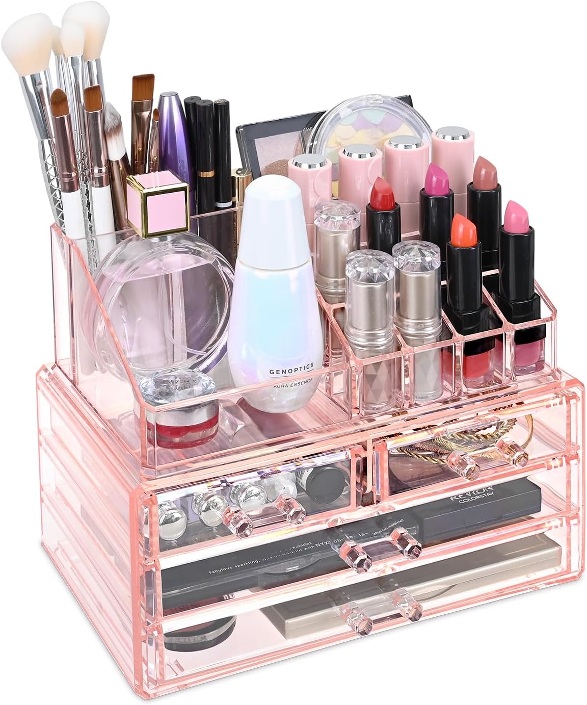 Ikee Design Acrylic Makeup Organizer with 4 Drawers and Removable Top Lipstick Holders, Ideal for Make-up or Accessories,Enhance Your Vanity or Bathroom with Clear Design for Quick Visibility
