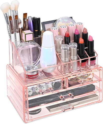 Ikee Design Acrylic Makeup Organizer with 4 Drawers and Removable Top Lipstick Holders, Ideal for Make-up or Accessories,Enhance Your Vanity or Bathroom with Clear Design for Quick Visibility