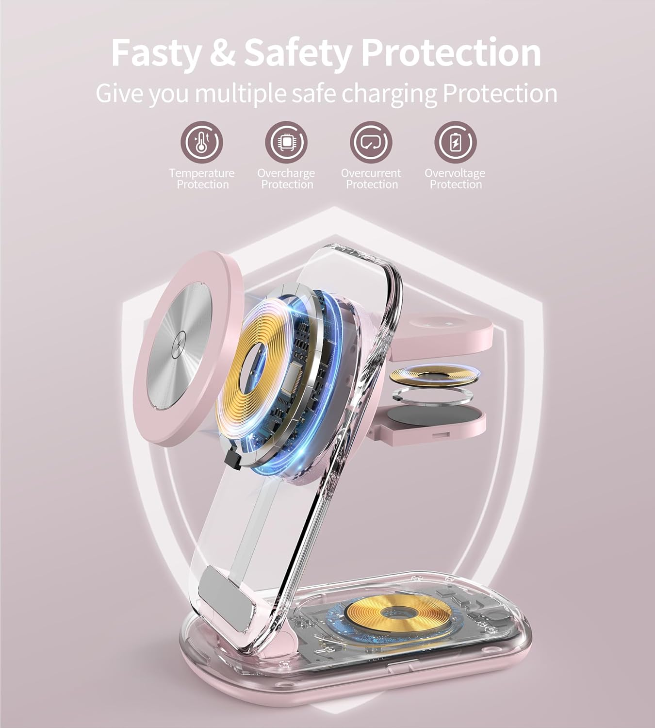 3 in 1 Magnetic Wireless Charging Station for Apple Devices, Fast Foldable Travel Mag-Safe Charger Stand with Night Light for iPhone 17 16 15 14 13 12 Series, Apple Watch/AirPods Pro, BU