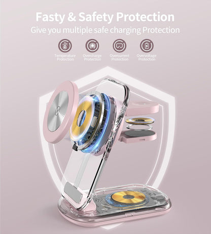 3 in 1 Magnetic Wireless Charging Station for Apple Devices, Fast Foldable Travel Mag-Safe Charger Stand with Night Light for iPhone 17 16 15 14 13 12 Series, Apple Watch/AirPods Pro, BU