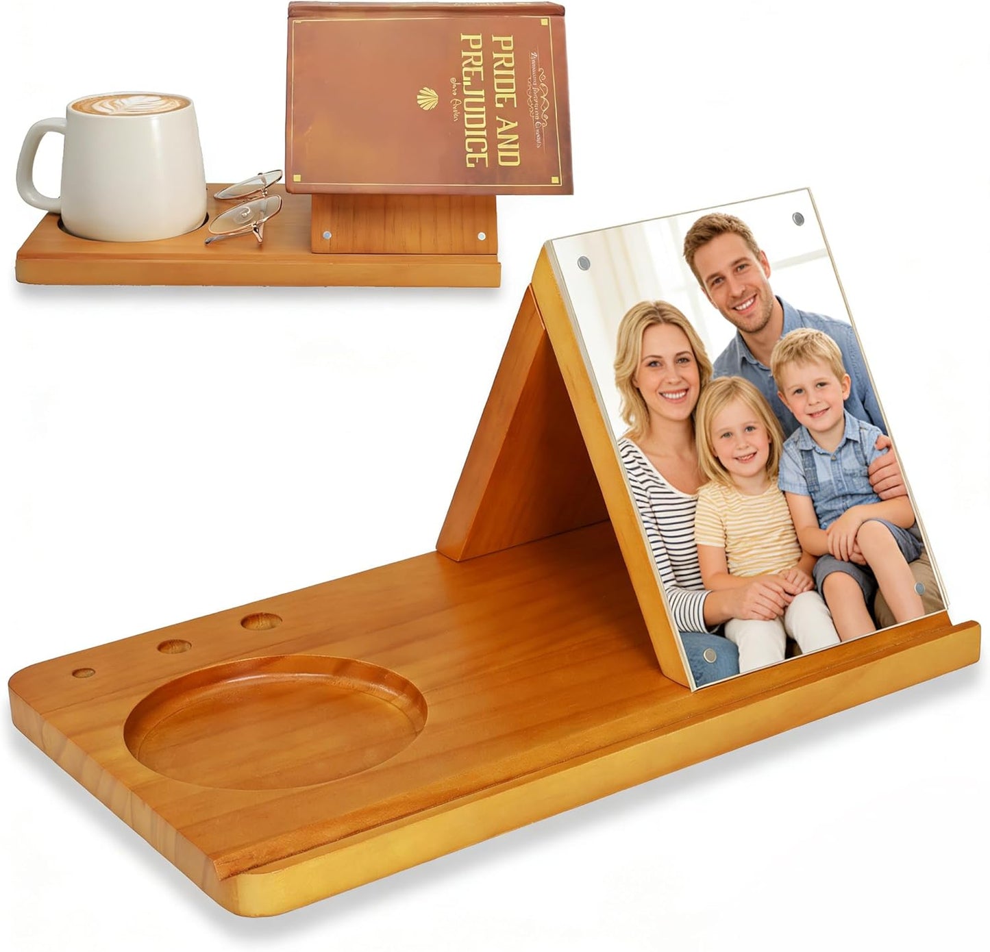 Wood Desktop Book Stand for Reading Rest Birthday and Mothers Day Gifts, Book Page Holder Thumb Bookmark,Magnet Couple Photo or Note, Book Accessories, Triangle Book Nook with Cup for Book Lovers