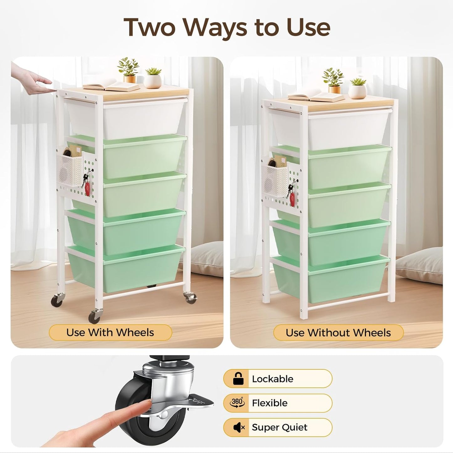 Rolling Cart with 3 Drawers, Plastic Drawer Storage Carts with Lockable Wheels & Wooden Tabletop, Metal Utility Cart Organizer, Office Bedroom Classroom Craft Organization and Storage, Bright White
