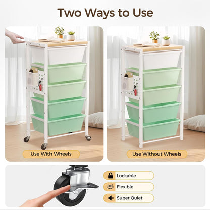 Rolling Cart with 3 Drawers, Plastic Drawer Storage Carts with Lockable Wheels & Wooden Tabletop, Metal Utility Cart Organizer, Office Bedroom Classroom Craft Organization and Storage, Bright White