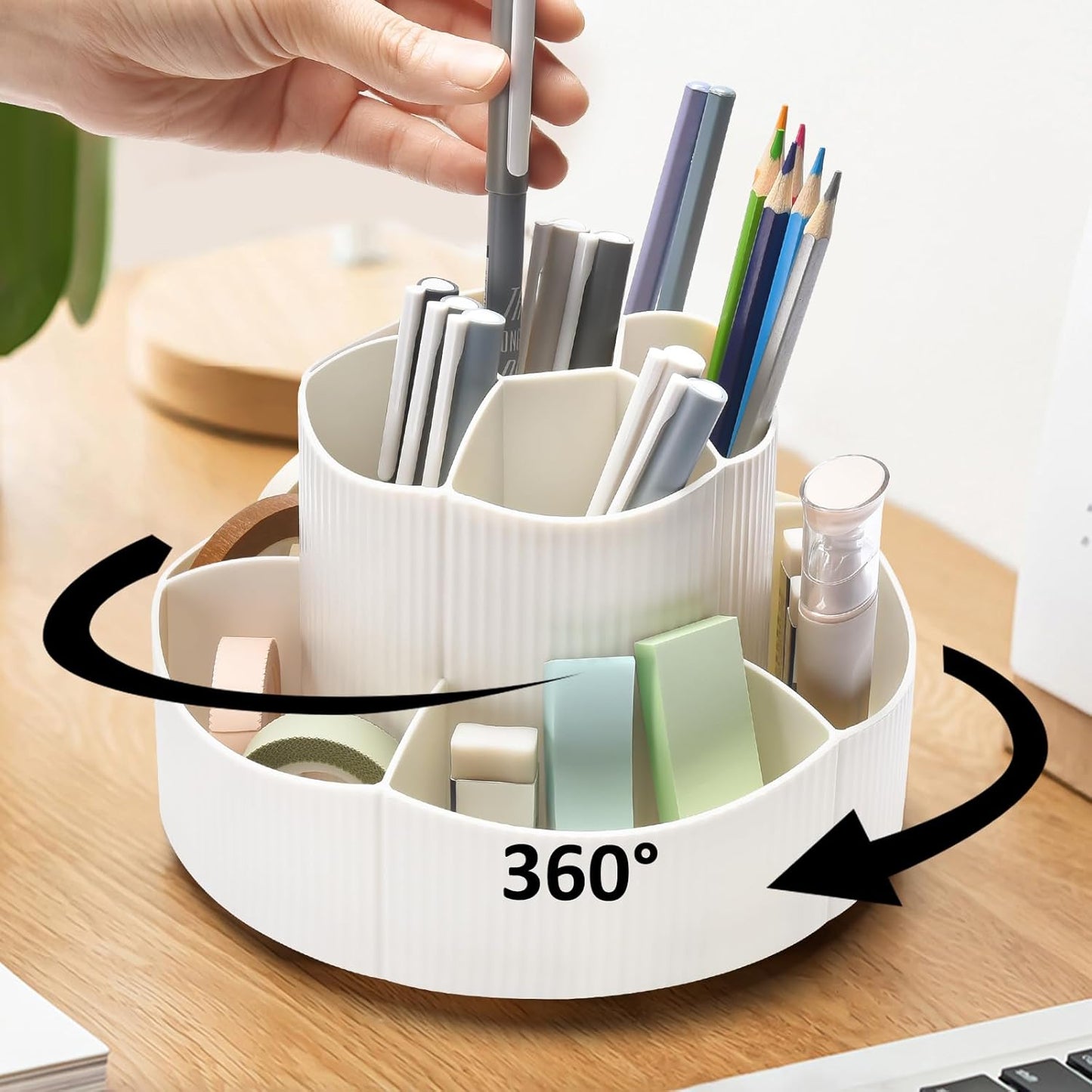 Pencil Pen Holder for Desk, 9 Slots 360 Degree Rotating Desk Organizer, Cute Pen Organizers Stationery Supplies for Office Home & Art Supply (Beige)