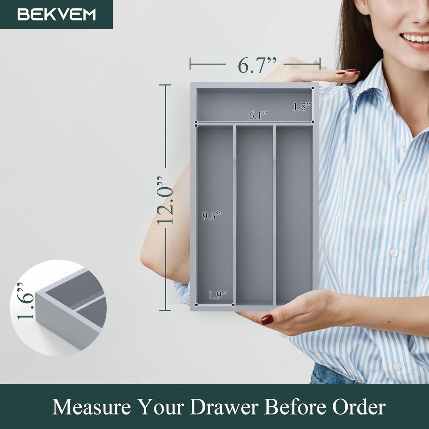 Small Silverware Organizer, Bamboo Kitchen Drawer Organizer, Utensil Holder, Cutlery Tray & Spoon Flatware Storage with Grooved Drawer Dividers (6.7''W x 12''D)