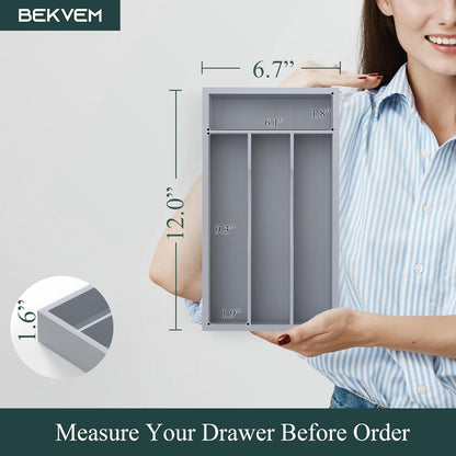 Small Silverware Organizer, Bamboo Kitchen Drawer Organizer, Utensil Holder, Cutlery Tray & Spoon Flatware Storage with Grooved Drawer Dividers (6.7''W x 12''D)