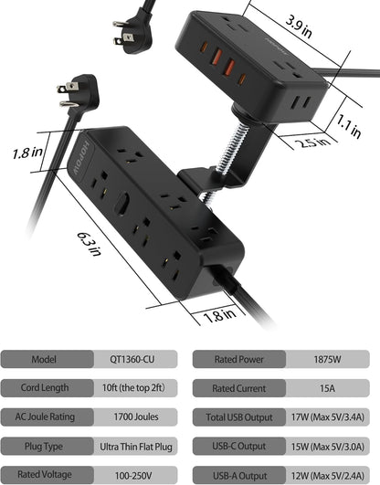 HOPOW Dual Layer Desk Clamp Power Strip, Desktop Edge Mount Charging Station with 13 Outlets 4 USB Ports (2 USB C), Under Desk Surge Protector(1700 Joules), 10 Ft Extension Cord for Office Home