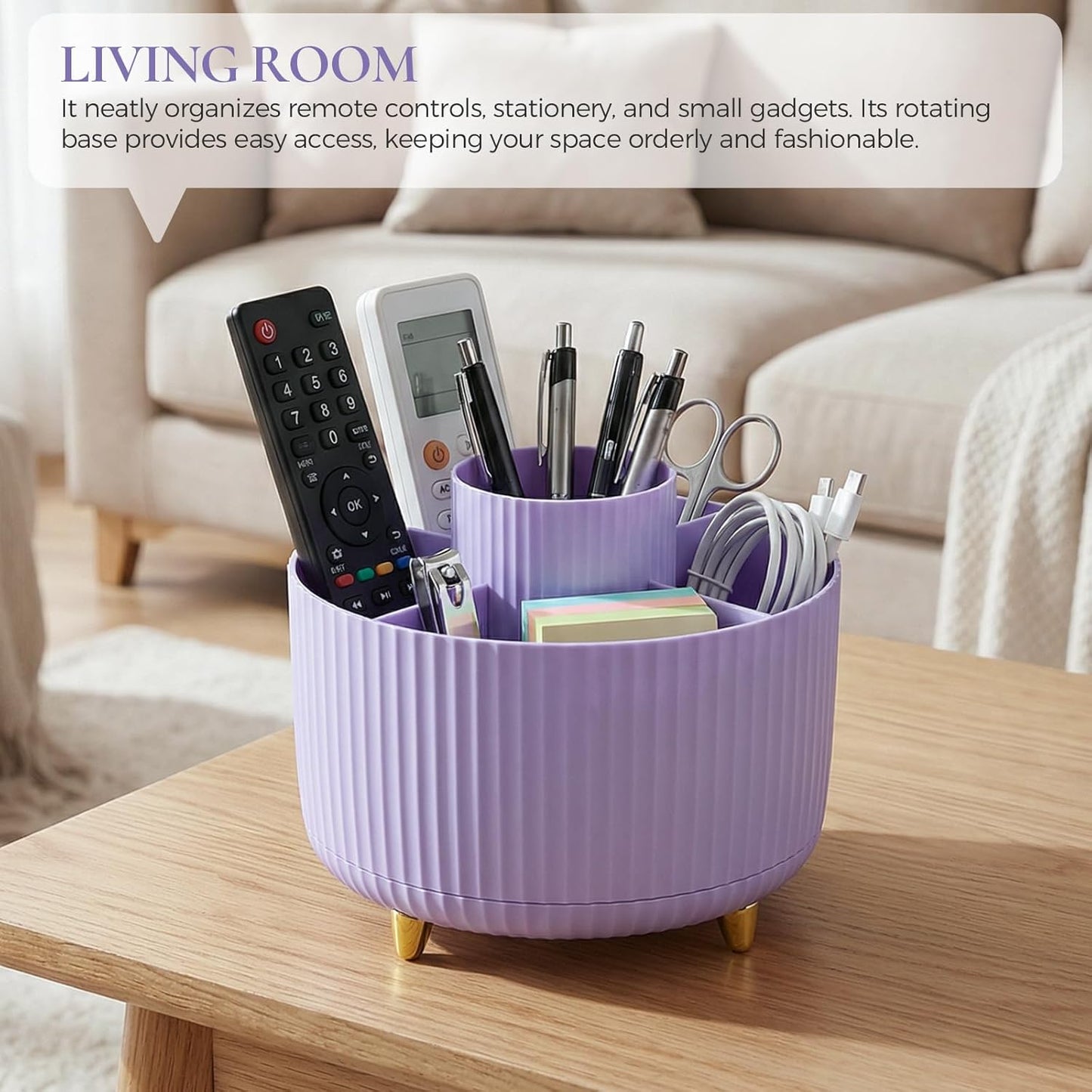 KONVINIT Pencil Pen Holder for Desk, 5 Slots 360 - Degree Rotating Desktop Organizer, Cute Desk Organizers and Accessories for School, Home, Office and Art Supply, Beige