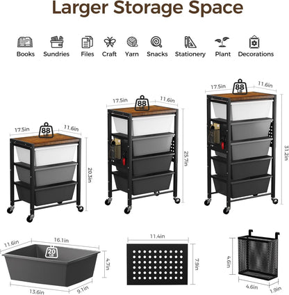 Rolling Cart with 3 Drawers, Plastic Drawer Storage Carts with Lockable Wheels & Wooden Tabletop, Metal Utility Cart Organizer, Office Bedroom Classroom Craft Organization and Storage, Bright White