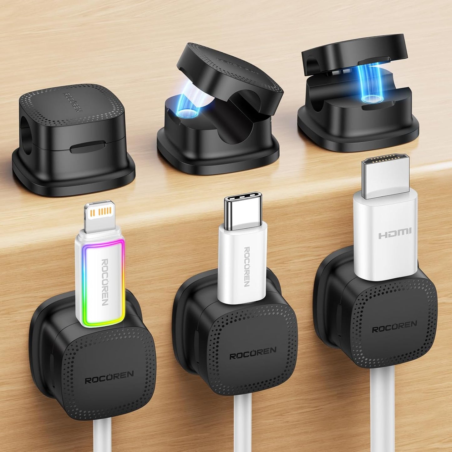 6-Pack Magnetic Cable Clips, Rocoren Smooth Adjustable Adhesive Cord Organizer, Desk Cable Management Wire Holder Keeper Cables Staples for Nightstand Home Office Desk Car Phone Wall Desktop