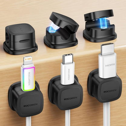 6-Pack Magnetic Cable Clips, Rocoren Smooth Adjustable Adhesive Cord Organizer, Desk Cable Management Wire Holder Keeper Cables Staples for Nightstand Home Office Desk Car Phone Wall Desktop