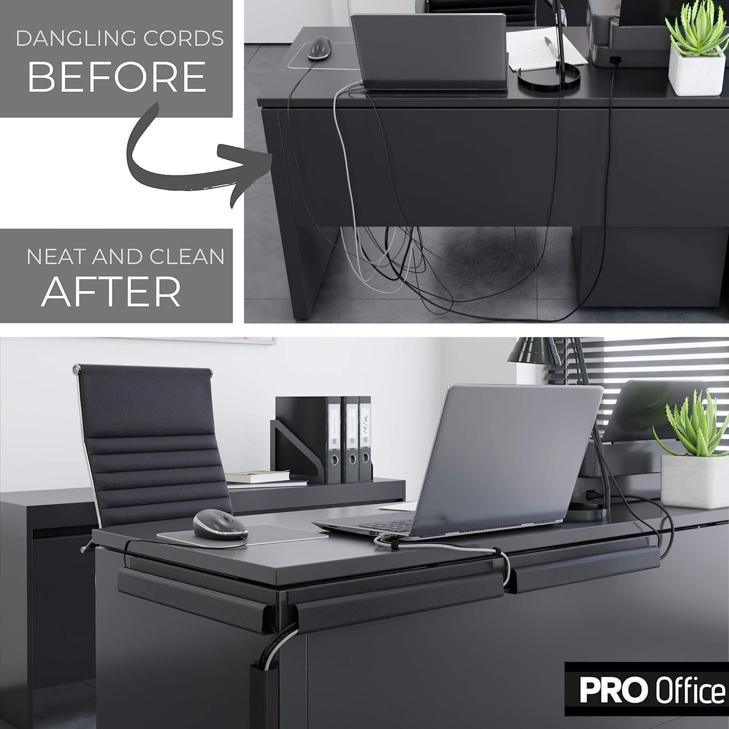 Cable Management ProOffice 96in J Channel Cable Raceways - 6X 16in Black No Screw/No Drill Computer Cord Organizer - Cable Channels for Wire Management Under Desk with Adhesive