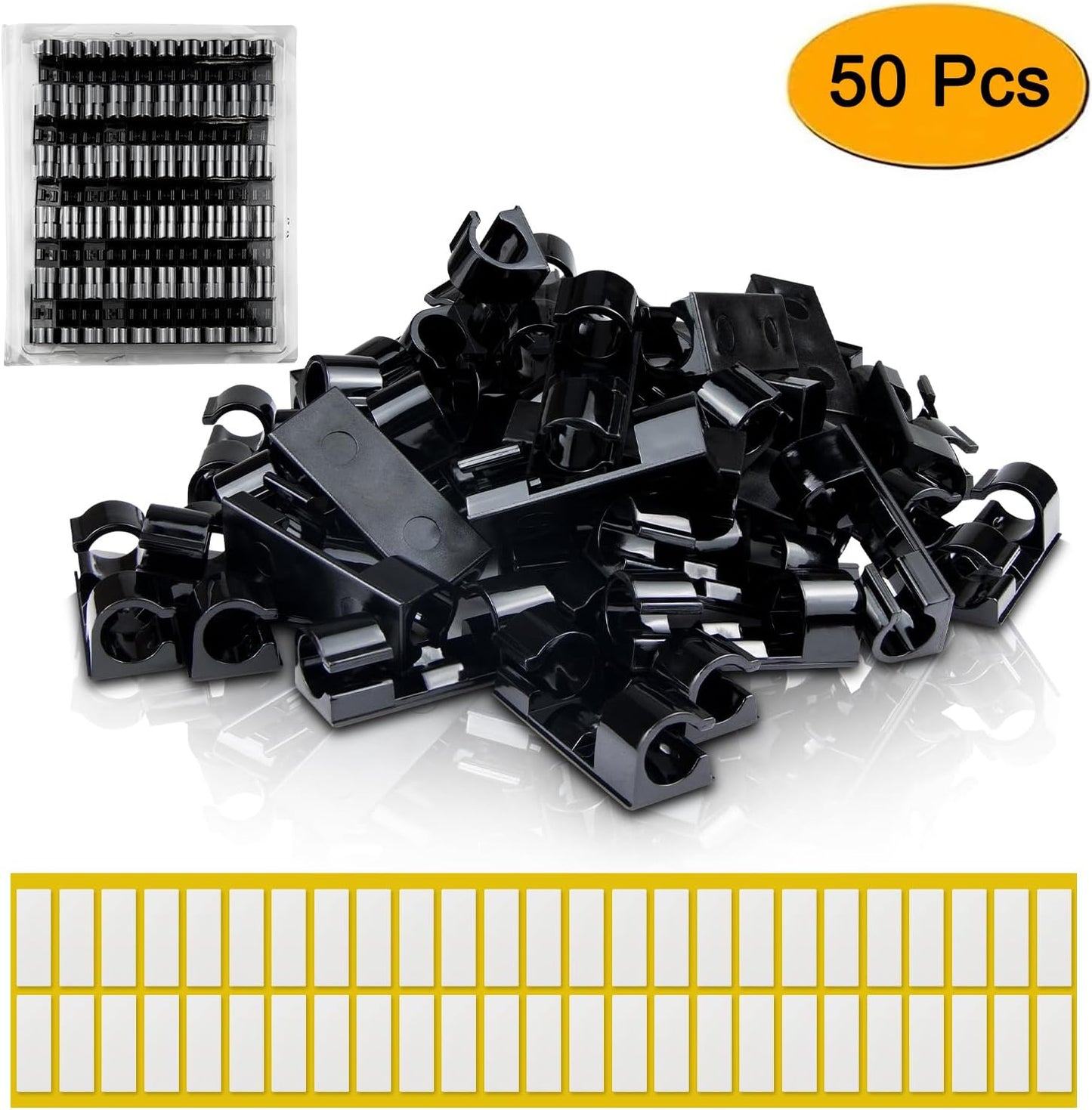 SOULWIT 50 Pcs Self Adhesive Cable Management Clips, Cable Organizers Sticky Wire Clips Cord Holder for TV PC Laptop Ethernet Cable Desktop Home Office (Black)