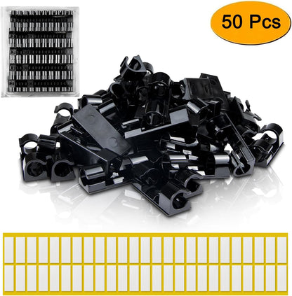 SOULWIT 50 Pcs Self Adhesive Cable Management Clips, Cable Organizers Sticky Wire Clips Cord Holder for TV PC Laptop Ethernet Cable Desktop Home Office (Black)