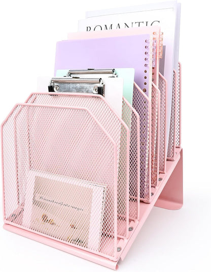 SUMMORO Inclined File Organizer for Desk, 7-Section Vertical File Folder Holder Office Desk Organizer Metal Rack File Wire Mesh Desktop Document Sorter for Office School Classroom Home (Black)