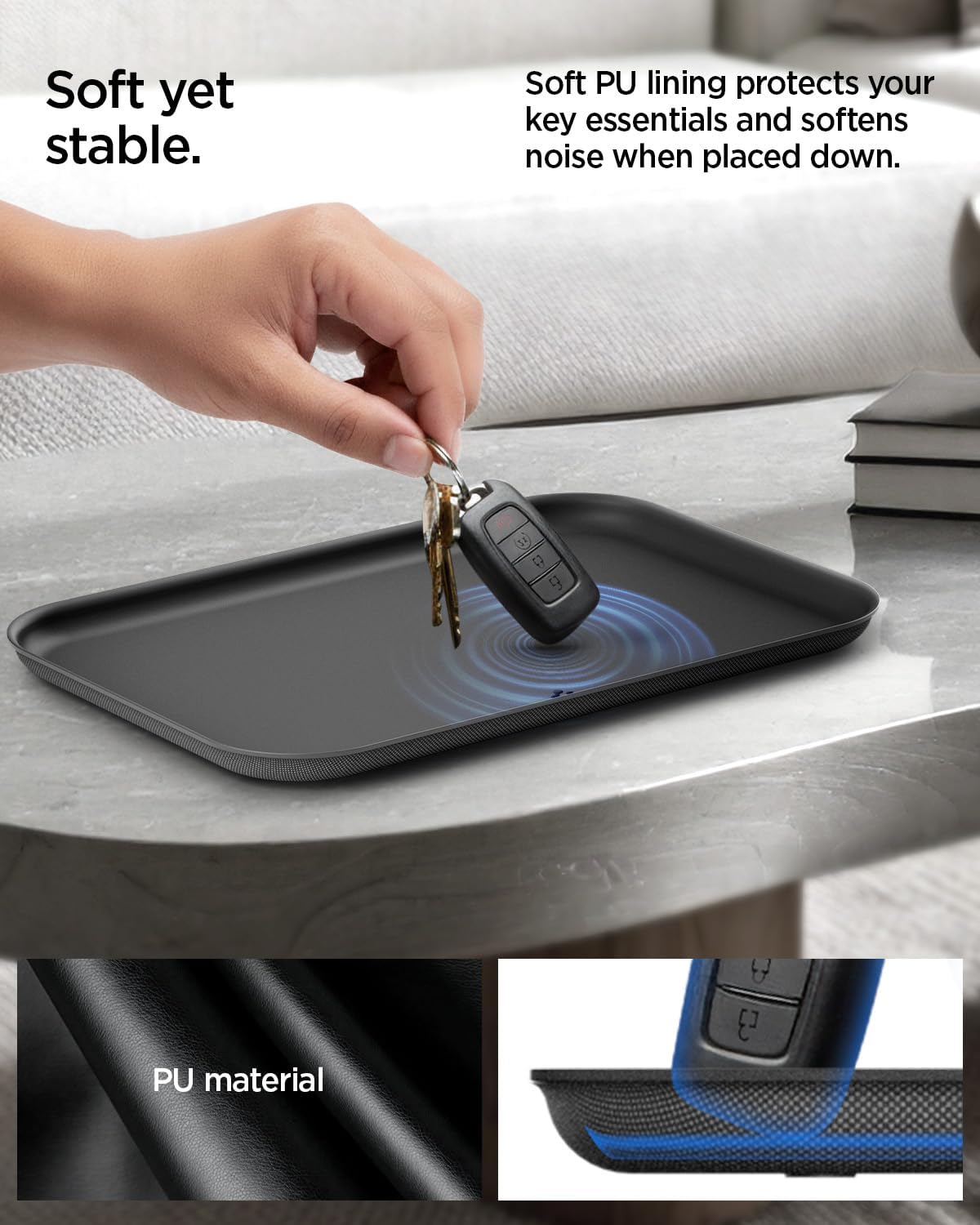 Spigen Modern Valet Tray Premium PU Storage Stylish Organizer Designed for Entryway Bedside Nightstand Desk for Key, Wallet, Watch, Phone, Jewelry, and Everyday Carry Accessories - Black (Sectional)