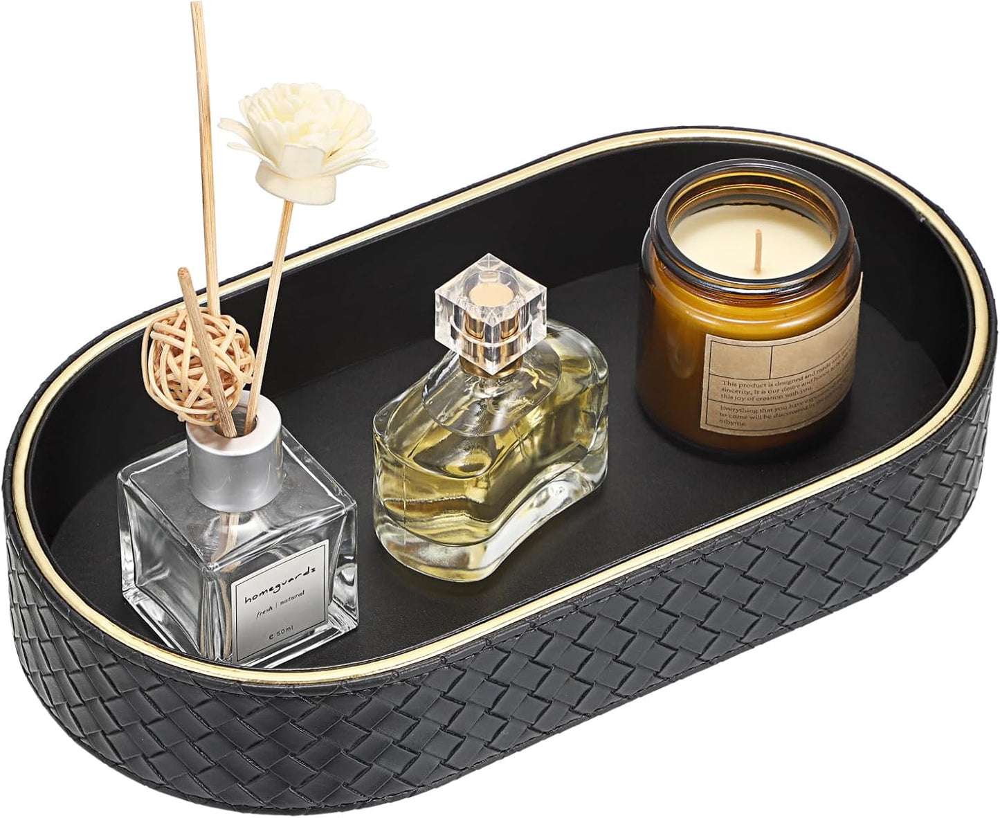 Hipiwe Perfume Trays PU Leather Vanity Tray for Dresser Bathroom Valet Trays Oval Desk Tray Jewelry Dish Holder Decorative Catchall Trays Nightstand Organizer, Beige