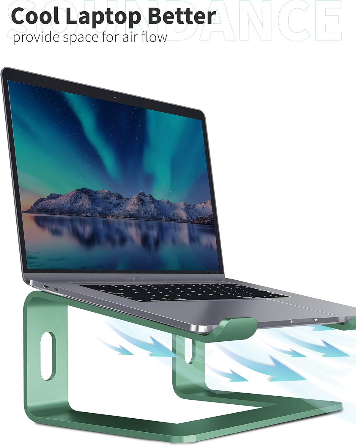 SOUNDANCE Laptop Stand, Aluminum Computer Riser, Ergonomic Laptops Elevator for Desk, Metal Holder Compatible with 10 to 15.6 Inches Notebook Computer, Silver