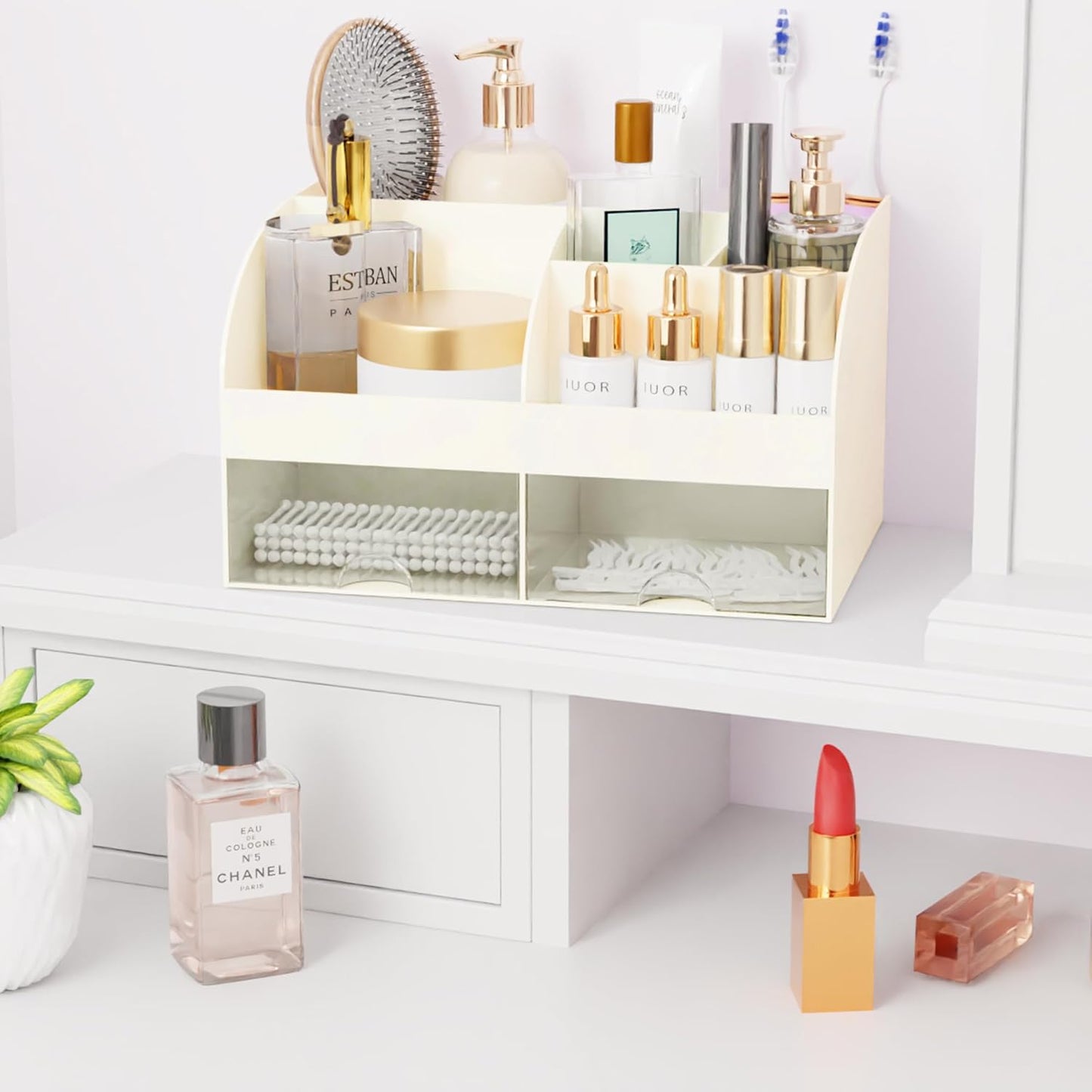 Makeup Organizer with Drawers, Cosmetic Storage for Dresser Vanity and Bathroom Countertop, Beauty Holder for Lipstick Brush, Skincare Organizer for Vanity, Cosmetic Display Case (White)