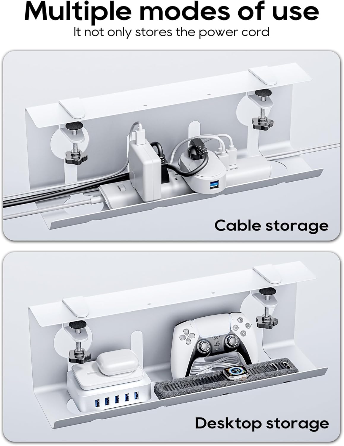 NODOCA No Drill Under Desk Cable Management Tray, 14'' Wire Management, Punch-Free Clamp on, Metal Cable Tray, Wire Organizer Under Desk, Under Desk Basket for Office and Home, Black