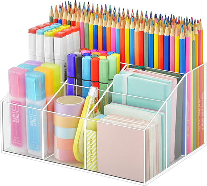 VITVITI Acrylic Desk Organizer, Upgraded Clear Pencil Organizer for Desk, 7 Compartments Stationary Pen Organizer Storage with Drawer, for Office Supply, 500+ Pencils Capacity