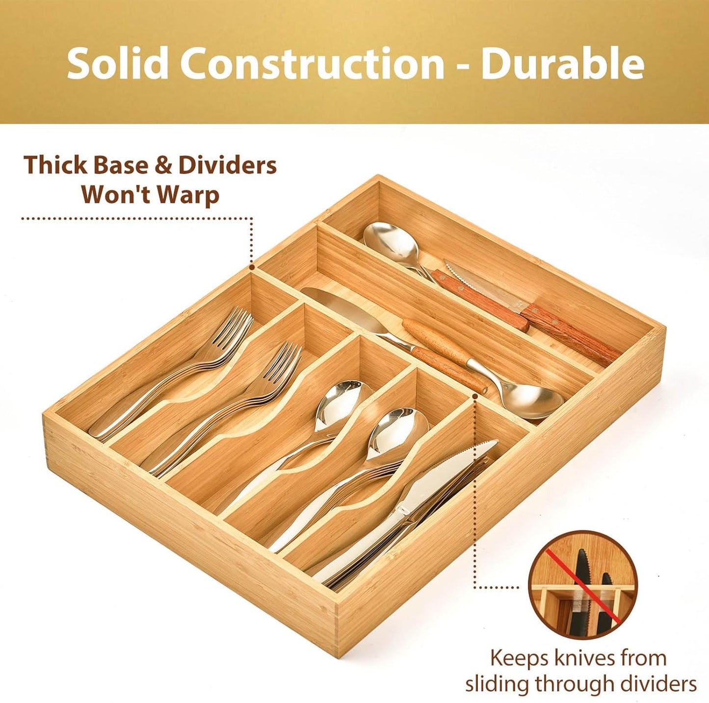 Umilife Bamboo Kitchen Drawer Organizer, 13 Inch Silverware Utensil Tray Holder, Extra Deep Grooved Drawer Divider, 7 Slots Total Bamboo Wood Caddy for Flatware Cutlery Knives, Forks, Spoons