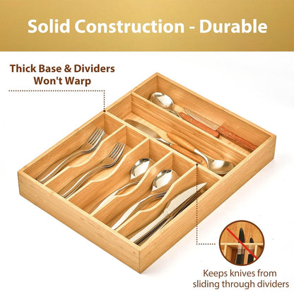 Umilife Bamboo Kitchen Drawer Organizer, 13 Inch Silverware Utensil Tray Holder, Extra Deep Grooved Drawer Divider, 7 Slots Total Bamboo Wood Caddy for Flatware Cutlery Knives, Forks, Spoons
