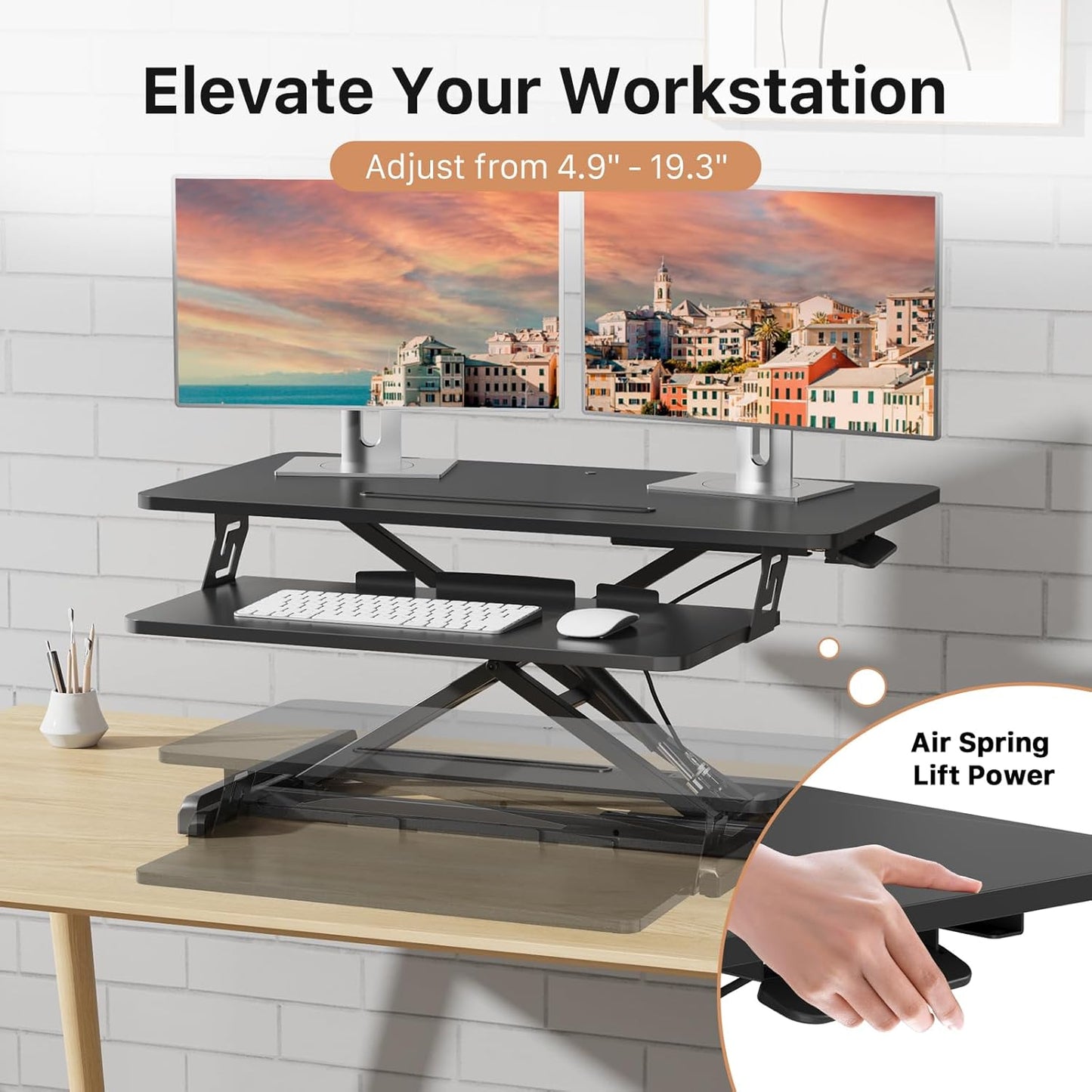 JOY worker Standing Desk Converter, 32" Wide Height Adjustable Sit Stand Up Desk Riser with Keyboard Tray, Desktop Workstation Riser for Home Office Computer Laptop, Particle Board, White