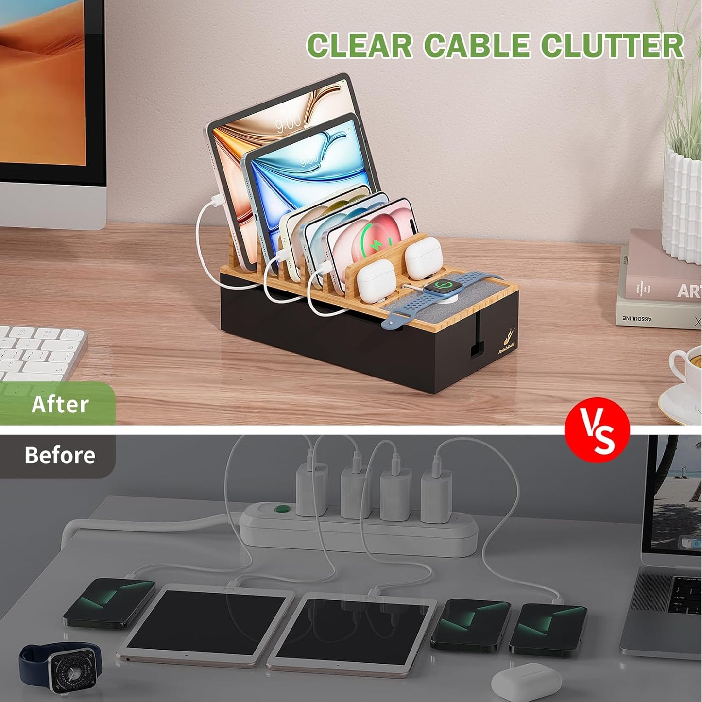 Pezin & Hulin Multi Charger Station Organizer Rack, Bamboo Cable Management Box, Power Strips and Cord Hider, Nightstand Device Organizer (Include 6 Cables)(No Power Charging Supply) -White
