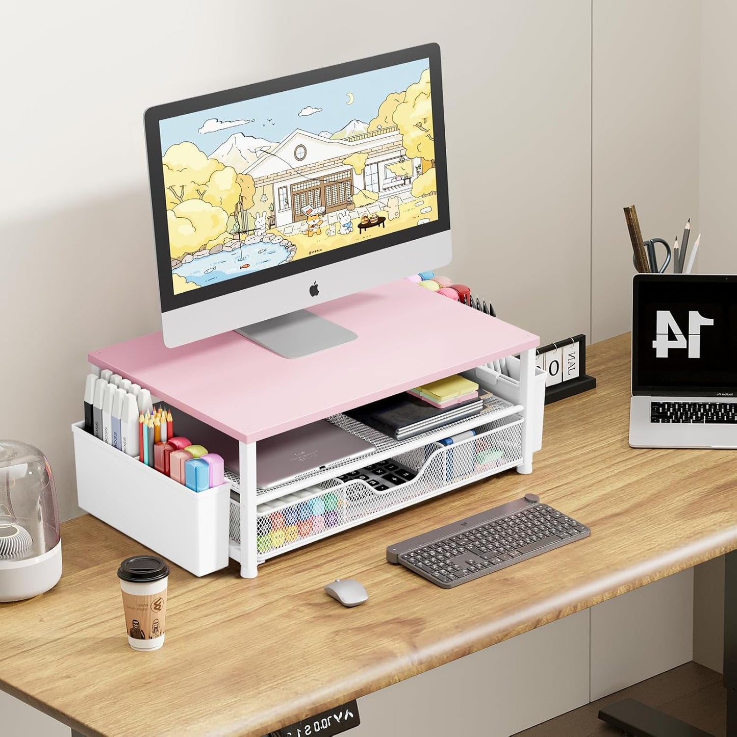 OPNICE Desk Organizers and Accessories, Computer Monitor Stand Riser with Drawer and 2 Pen Holders, Printer & Laptop Stand, Office Desk Accessories & Workspace Organizers for Home Office Supplies, Black