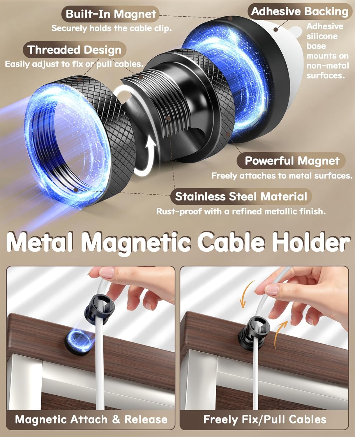 Maveek Metal Magnetic Cord Holder, Magnet Cable Clips Stainless Steel Adjustable Cord Organizers for Desk Nightstand Car Office Charging Wires USB C Laptop Earphone Audio Cords (4 Pack)
