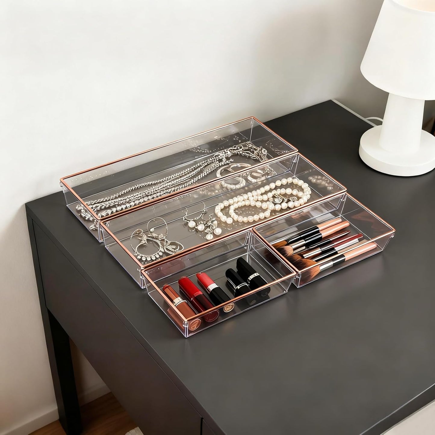 4 Pack Large Size Clear Stackable Drawer Organizer Trays, Gold Rim Makeup Drawer Storage Tray Divider, Desk Storage for Makeup, Jewelry, Bathroom, Stationary, Kitchen Utensils and Office Desk