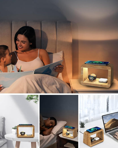 Bamboo Wireless Charging Station with Alarm Clock & Night Light, 3 in 1 Charging Station for iPhone 17/16/15/14/13/12/11 Pro Max/X/Xs, AirPods 4/3 & AirPods Pro 3/2/1/, Apple Watch Series