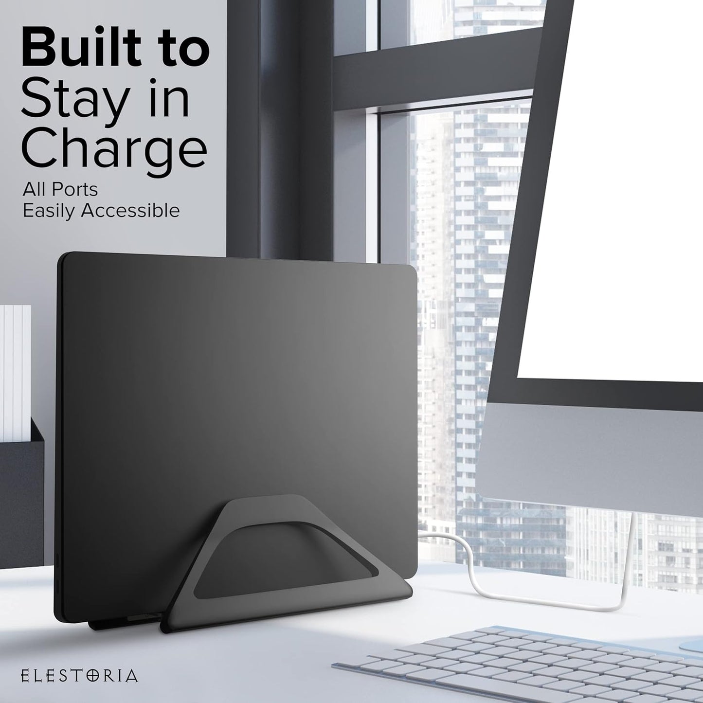 Elestoria Aluminum Vertical Laptop Stand with Gravity Auto-Lock – Adjustable Laptop Holder Vertical fits MacBook Pro/Air, Chromebook & Gaming Laptops up to 17.3" – Space-Saving Desktop Dock - Silver