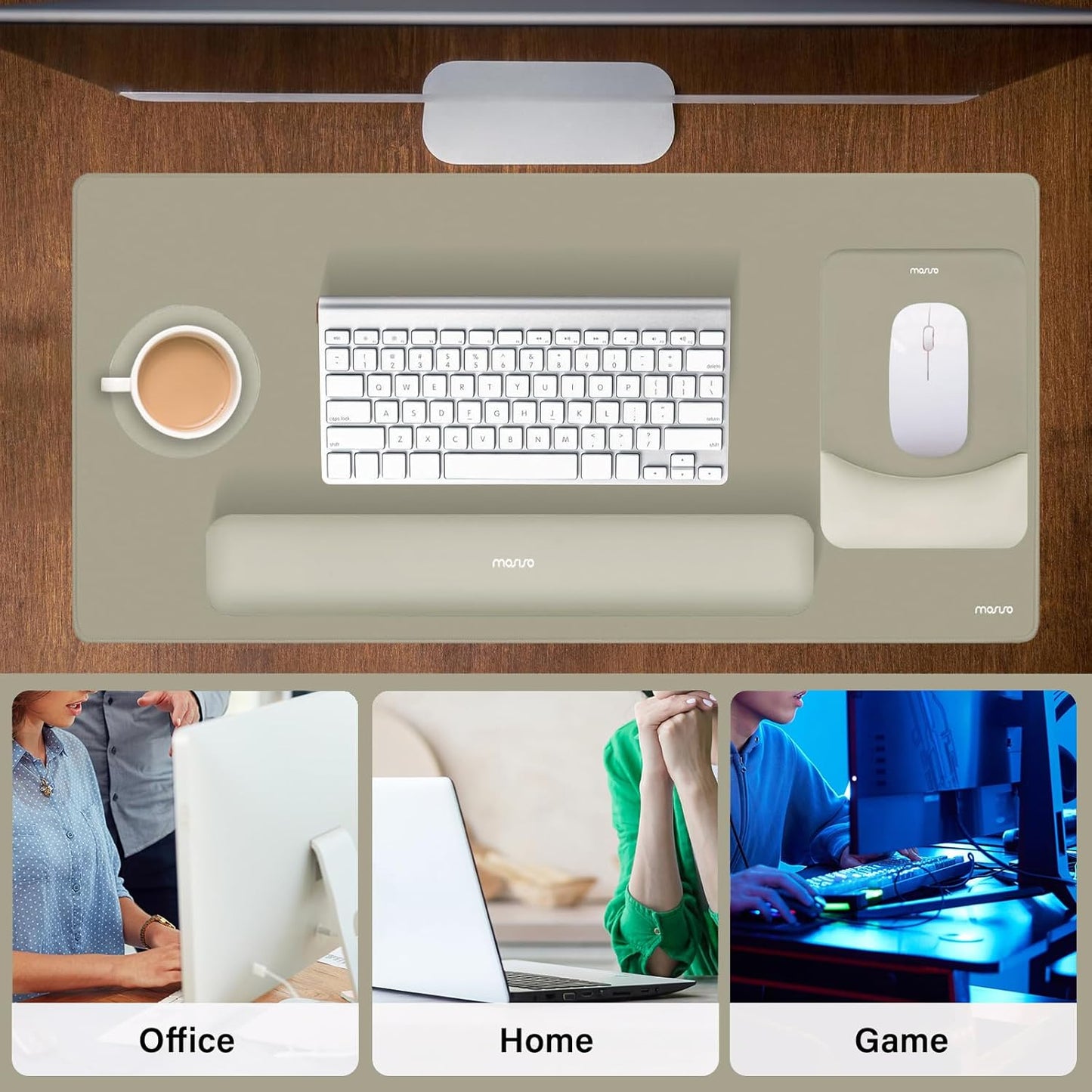 MOSISO Keyboard Mouse Pad Set, Large Gaming Mouse Pad&Rectangular Keyboard Wrist Rest&Mousepad with Wrist Rest&Coaster, Ergonomic Non-Slip&Easy Typing Pad with Curved Silicone Lining, Antique Green