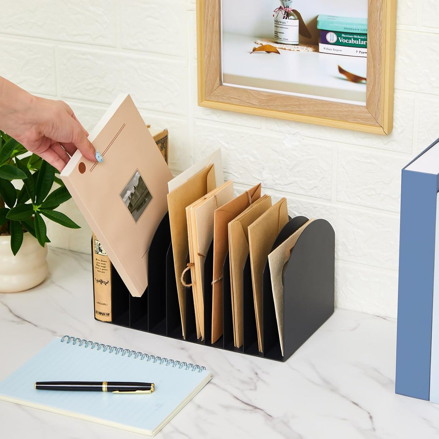 Suzile Metal Desktop File Organizer, 15 Compartments, Vertical File Sorter, Black, 5.79 W x 15.75 L x 5.41 H, Office, Reception Areas, Workspace