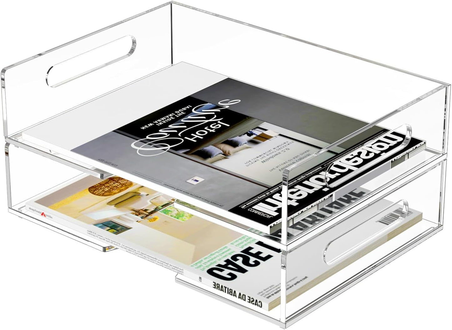 HIIMIEI Acrylic Paper Tray 2 Pack Clear Letter Tray Desk Stackable Organizer for School, Home, Office - Horizontal