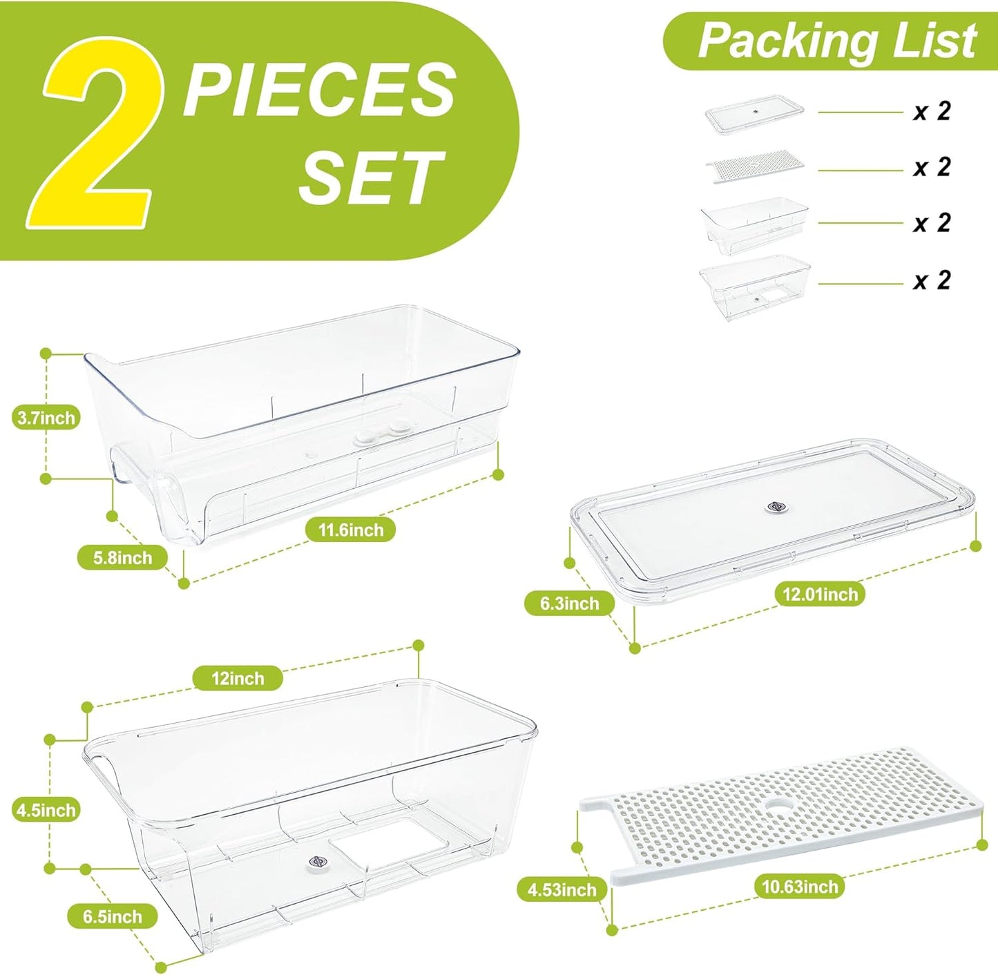 6-Pack Fridge Drawer Organizer, Pull-out Stackable Refrigerator Organizers and Storage, Clear Fruit Storage Containers Bins with Drain Tray for Kitchen Cabinet, Pantry Organization