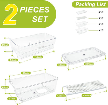 6-Pack Fridge Drawer Organizer, Pull-out Stackable Refrigerator Organizers and Storage, Clear Fruit Storage Containers Bins with Drain Tray for Kitchen Cabinet, Pantry Organization