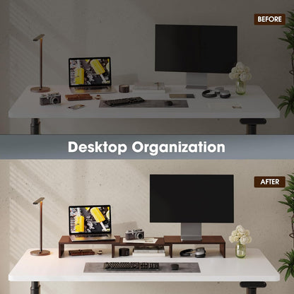 FITUEYES Dual Monitor Stand – 3 Shelf Computer Monitor Riser, Wood Desktop Stand with Adjustable Length and Angle, Desk Accessories, Office Supplies Medium Black,DT108001WB