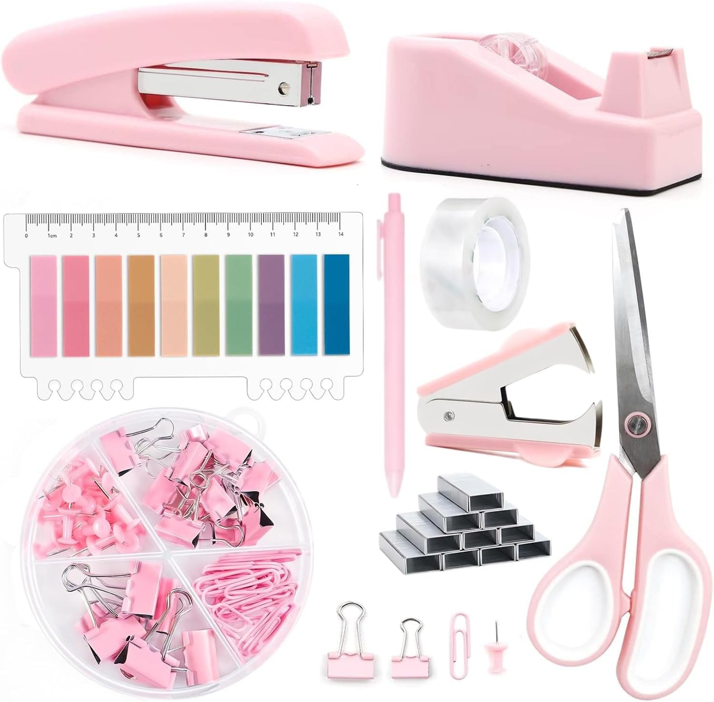 suniya Office Supplies,Gold Desk Accessories,with Stapler,Tape Dispenser,Pen Holder,Scissors,Phone Stand,Staple Remover,Ballpoint Pen,Clear Tape, Staples,Ruler,Clips,Best Gift for Business or Boss