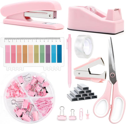 suniya Office Supplies,Gold Desk Accessories,with Stapler,Tape Dispenser,Pen Holder,Scissors,Phone Stand,Staple Remover,Ballpoint Pen,Clear Tape, Staples,Ruler,Clips,Best Gift for Business or Boss